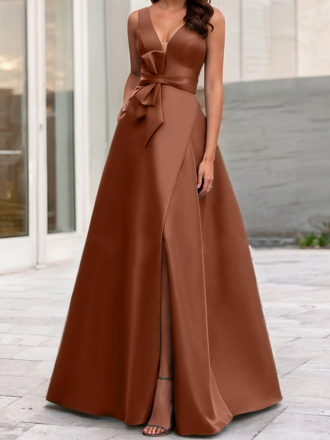 long brown formal dresses A-Line/Princess V-Neck Sleeveless Mother Of The Bride Dresses With Split Side Burnt Orange