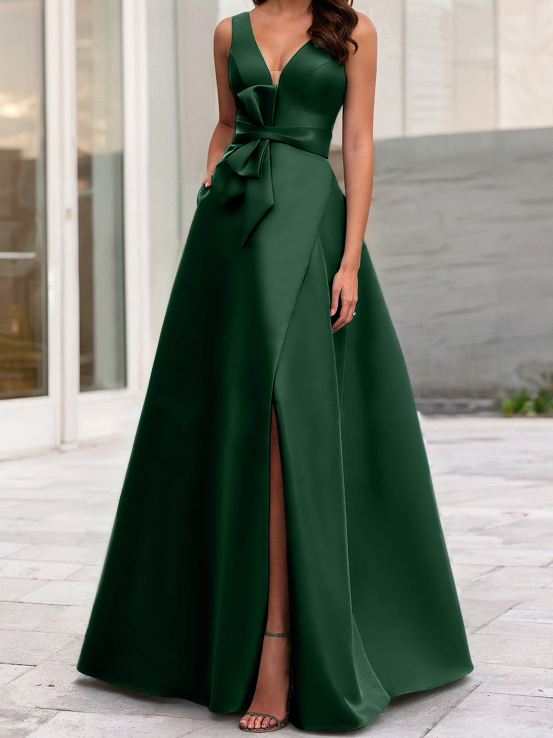 Satin Mother Of The Bride Dresses Green 2026 Women's Elegant A-Line/Princes Split Side Sleeveless Formal Evening Gowns With Bow Knot, Green Satin Mother Of The Bride Dresses Green 2026 Women's Elegant A-Line/Princes Split Side Sleeveless Formal Evening Gowns With Bow Knot, Green