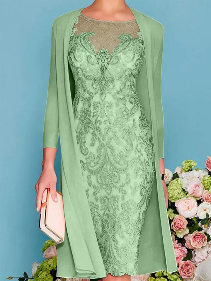 Sheath/Column Scoop Knee-Length Long Sleeves Mother of the Bride Dresses with Lace Beading Appliques