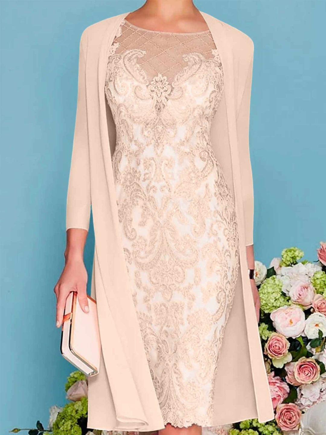 Sheath/Column Scoop Long Sleeves Knee-Length Mother of the Bride Dresses with Lace Beading Appliques Sky Blue