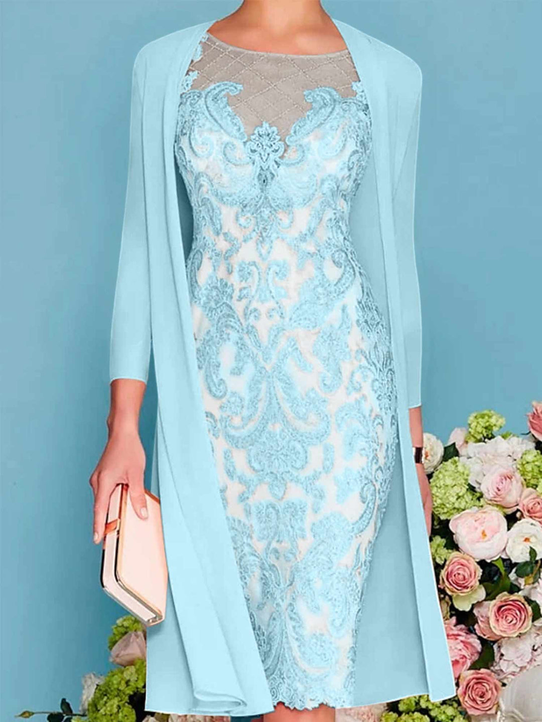 Sheath/Column Scoop Long Sleeves Knee-Length Mother of the Bride Dresses with Lace Beading Appliques Mist Blue Sheath/Column Scoop Long Sleeves Knee-Length Mother of the Bride Dresses with Lace Beading Appliques Mist Blue