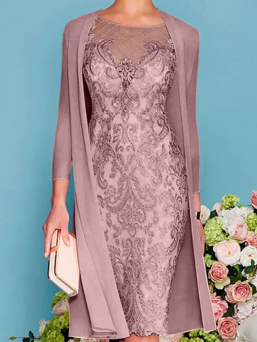 Sheath/Column Scoop Long Sleeves Knee-Length Mother of the Bride Dresses with Lace Beading Appliques