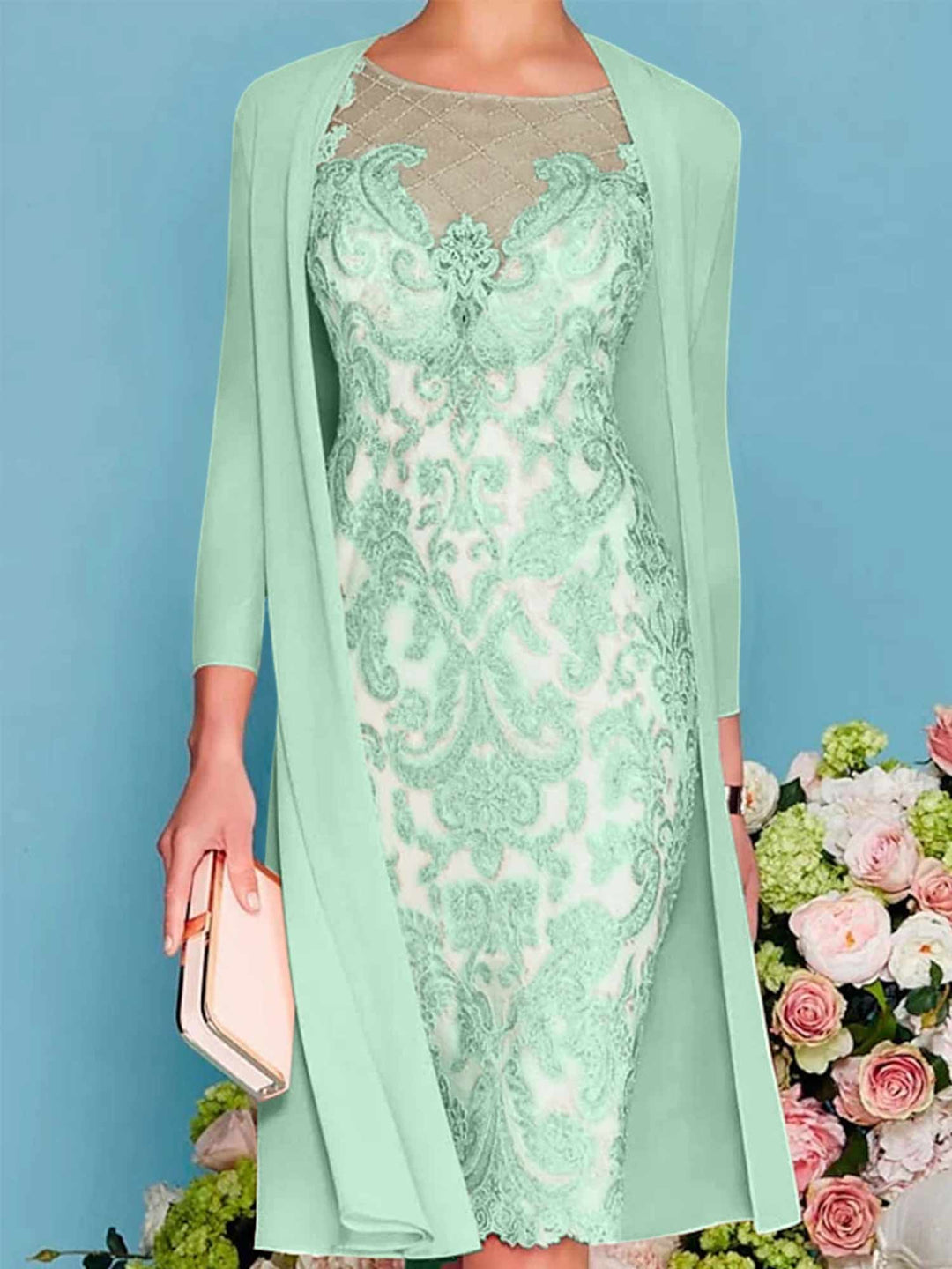 Sheath/Column Scoop Long Sleeves Knee-Length Mother of the Bride Dresses with Lace Beading Appliques Mist Blue Sheath/Column Scoop Long Sleeves Knee-Length Mother of the Bride Dresses with Lace Beading Appliques Mist Blue