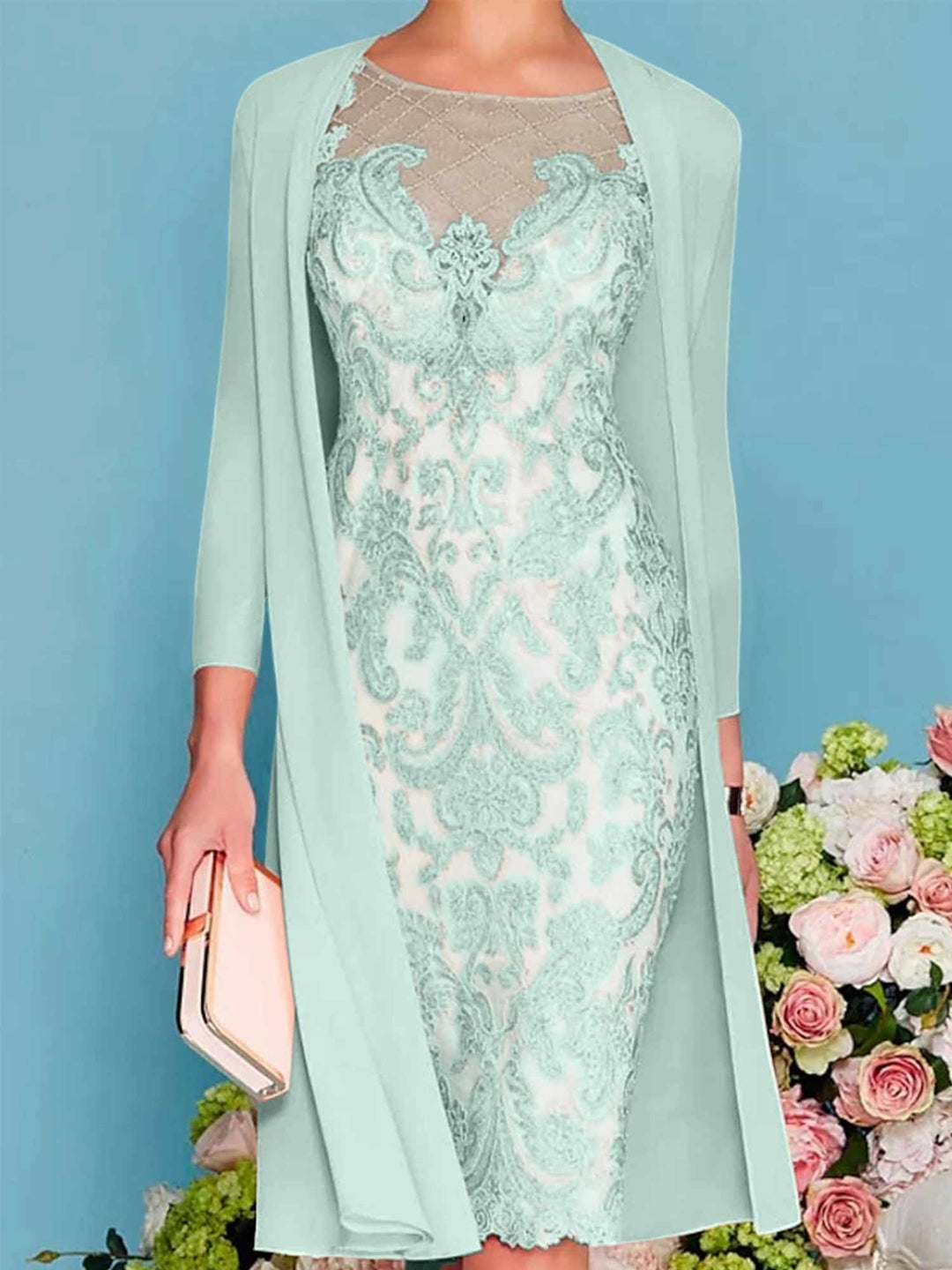 mother of the bride long sleeve dresses Sheath/Column Scoop Long Sleeves Knee-Length Mother of the Bride Dresses with Lace Beading Appliques Mist Blue