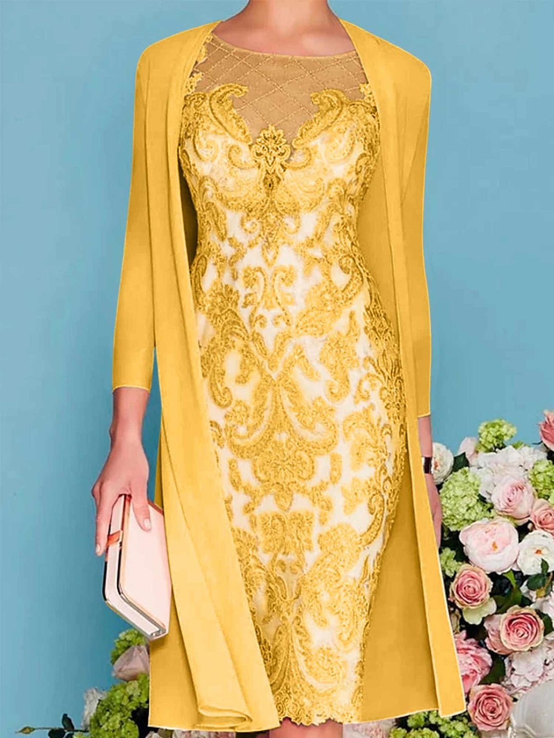 Sheath/Column Scoop Long Sleeves Knee-Length Mother of the Bride Dresses with Lace Beading Appliques Mustard Yellow Sheath/Column Scoop Long Sleeves Knee-Length Mother of the Bride Dresses with Lace Beading Appliques Mustard Yellow