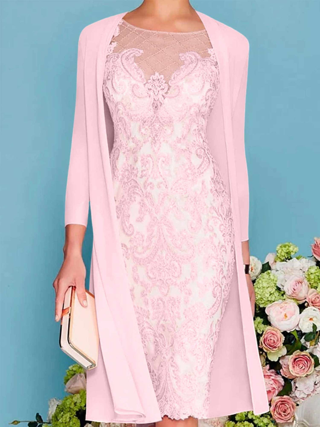 Sheath/Column Scoop Long Sleeves Knee-Length Mother of the Bride Dresses with Lace Beading Appliques Dusty Rose Sheath/Column Scoop Long Sleeves Knee-Length Mother of the Bride Dresses with Lace Beading Appliques Dusty Rose