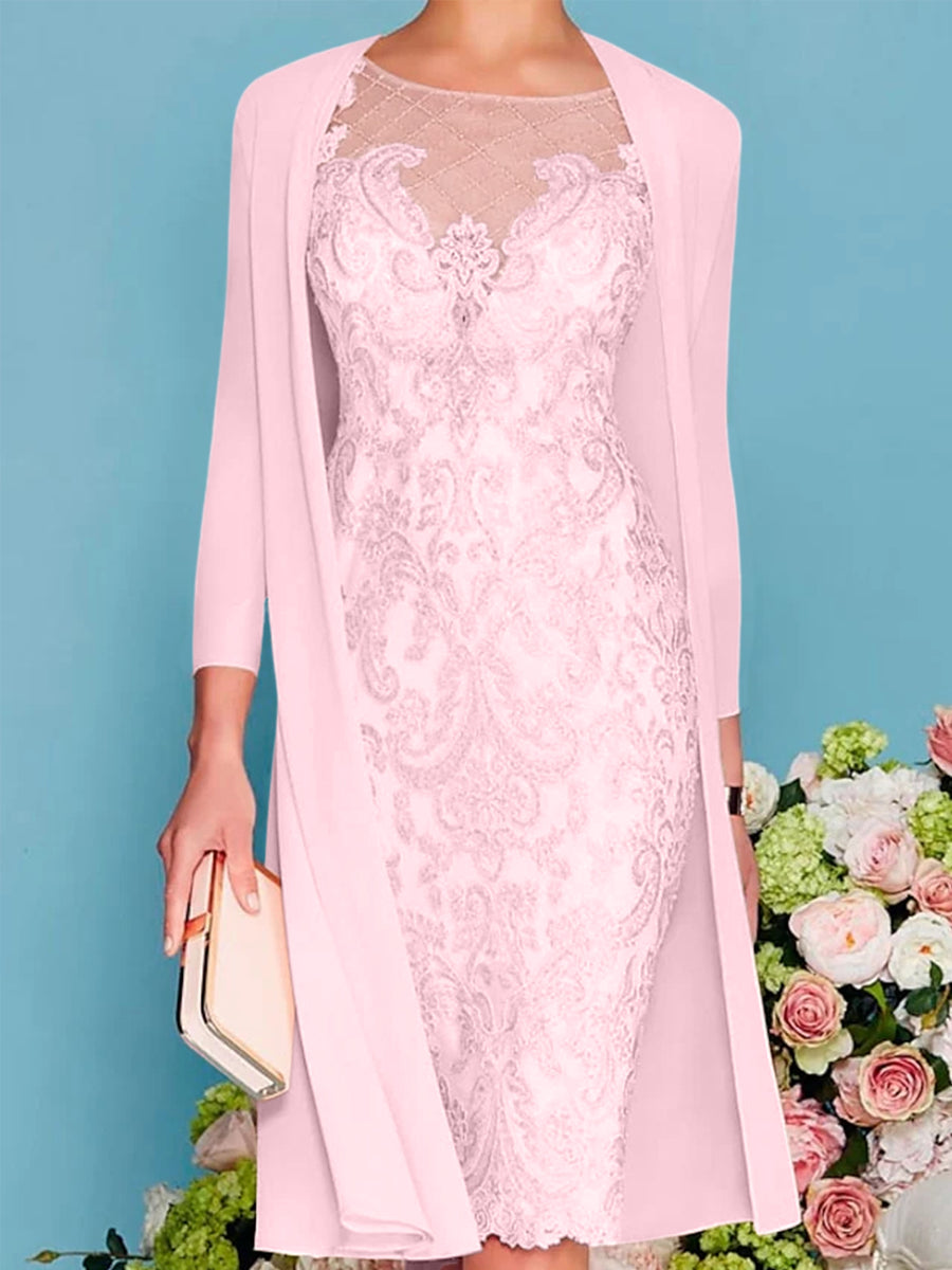 Sheath/Column Scoop Long Sleeves Knee-Length Mother of the Bride Dresses with Lace Beading Appliques