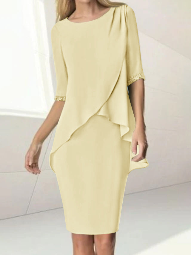 Sheath/Column Jewel Neck Knee-Length Half Sleeve Mother of the Bride Dresses with Beading Ruching