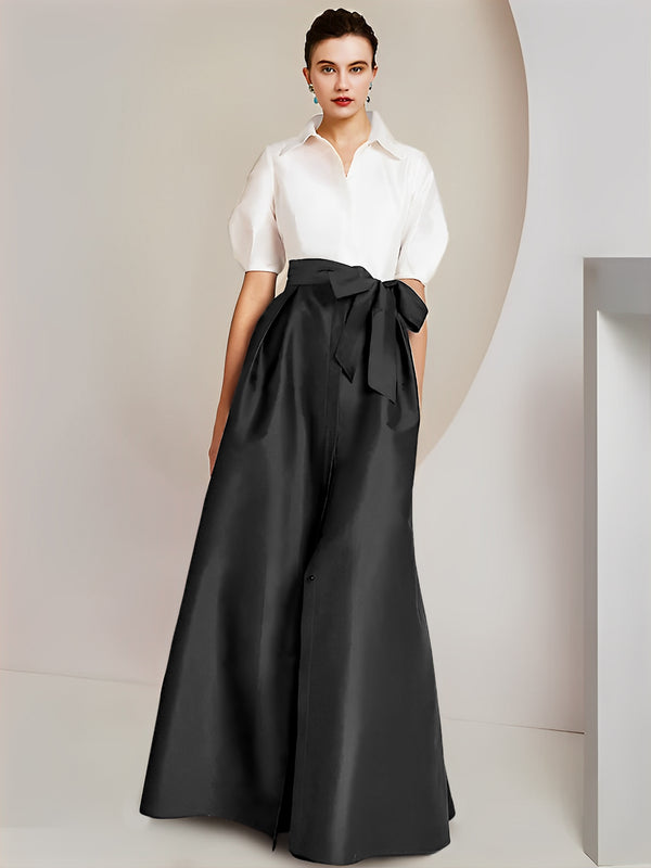 A-Line/Princess Shirt Collar Short Sleeves Floor-Length 2 pieces Black and White Mother Of The Bride Dresses with Bowknot