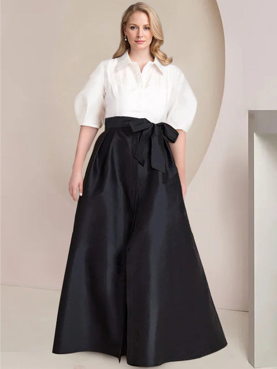 A-Line/Princess Shirt Collar Short Sleeves Floor-Length 2 pieces Plus Size Black and White Mother Of The Bride Dresses with Bowknot