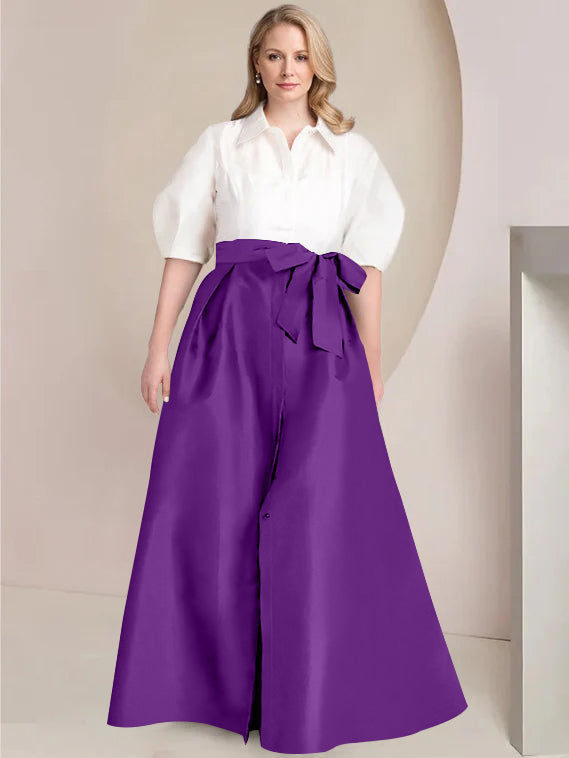 A-Line/Princess Shirt Collar Short Sleeves Floor-Length Plus Size Mother Of The Bride Dresses with Bowknot