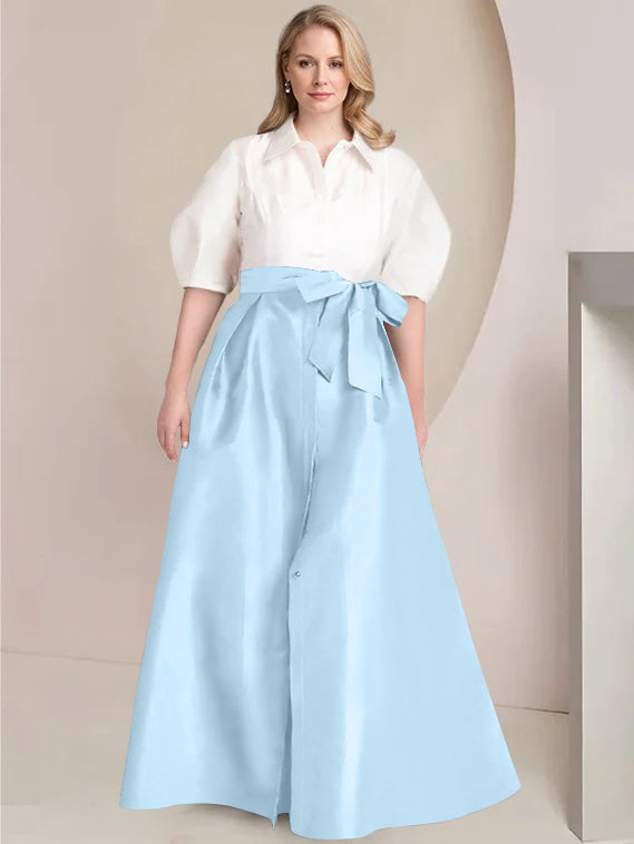 A-Line/Princess Shirt Collar Short Sleeves Floor-Length Plus Size Mother Of The Bride Dresses with Bowknot