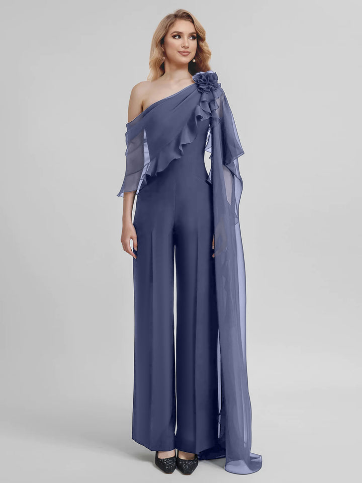 Jumpsuits One-Shoulder Half Sleeves Chiffon Mother Of The Bride Pantsuits