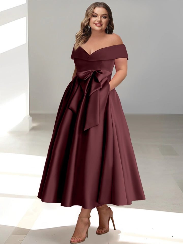 A-Line/Princess Off-the-Shoulder Sleeveless Ankle-Length Plus Size Mother of the Bride Dresses with Pockets