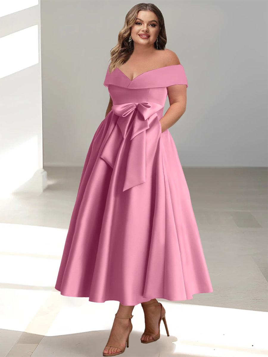 A-Line/Princess Off-the-Shoulder Sleeveless Ankle-Length Plus Size Mother of the Bride Dresses with Pockets