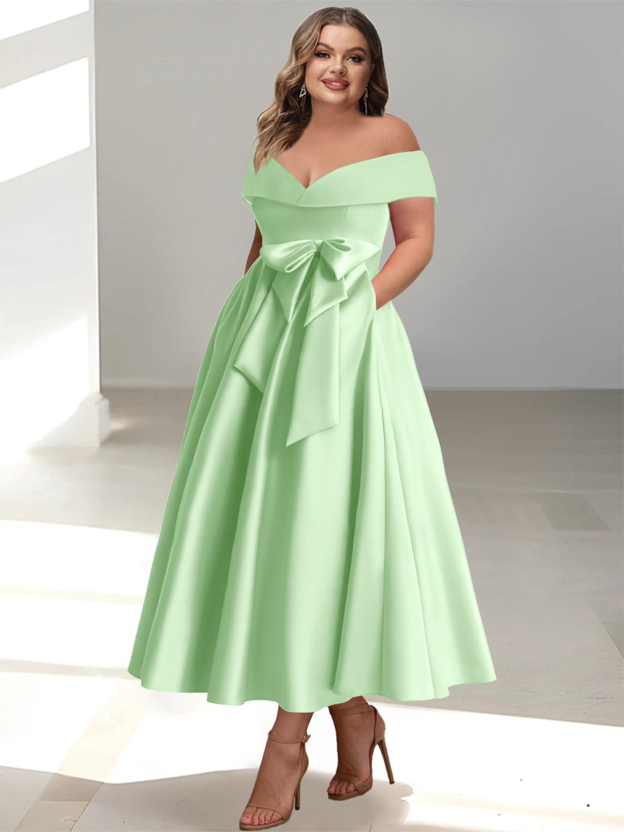 A-Line/Princess Off-the-Shoulder Sleeveless Ankle-Length Plus Size Mother of the Bride Dresses with Pockets