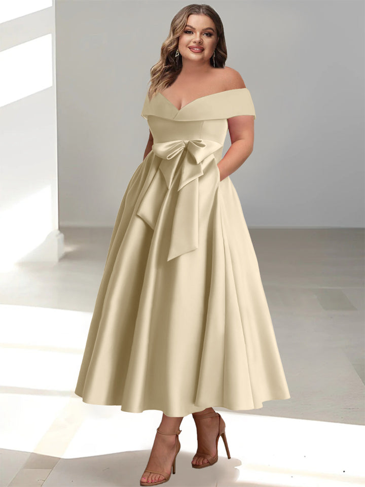 A-Line/Princess Off-the-Shoulder Sleeveless Ankle-Length Plus Size Mother of the Bride Dresses with Pockets