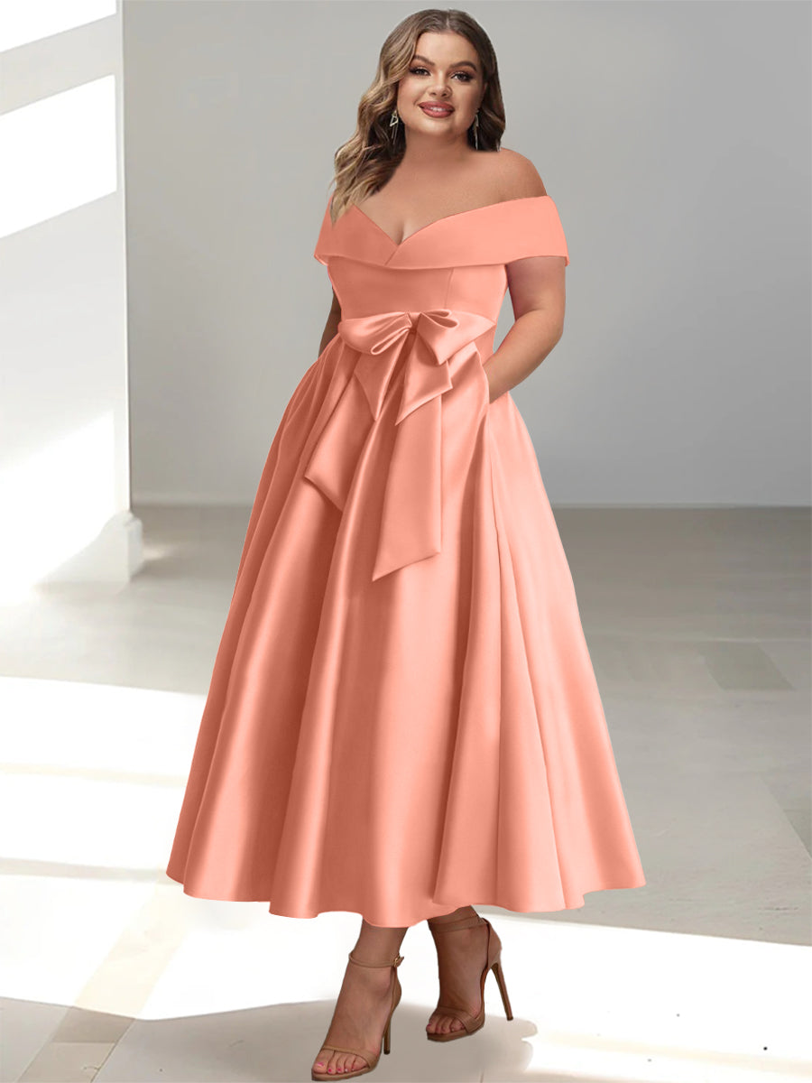 A-Line/Princess Off-the-Shoulder Sleeveless Ankle-Length Plus Size Mother of the Bride Dresses with Pockets