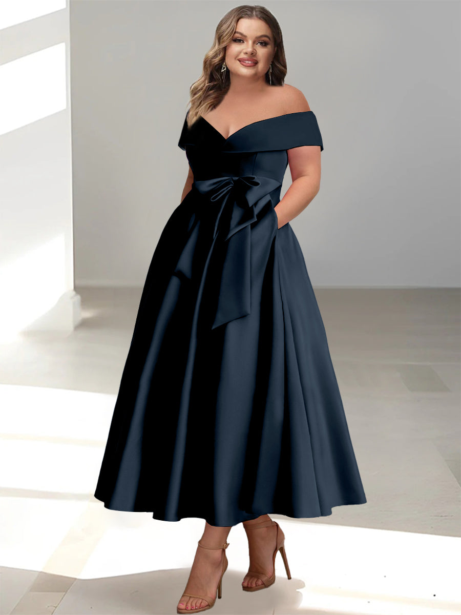 A-Line/Princess Off-the-Shoulder Sleeveless Ankle-Length Plus Size Mother of the Bride Dresses with Pockets