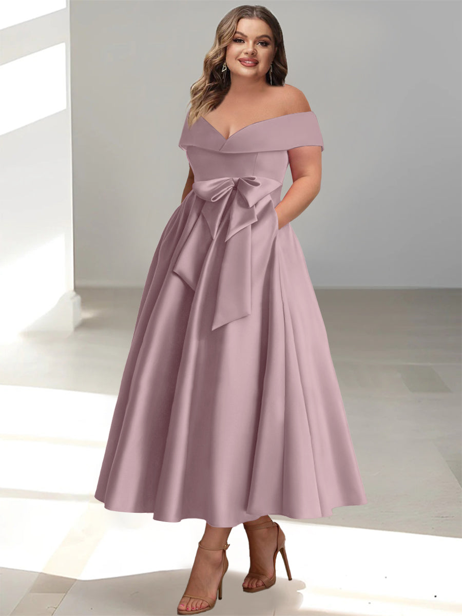 A-Line/Princess Off-the-Shoulder Sleeveless Ankle-Length Plus Size Mother of the Bride Dresses with Pockets