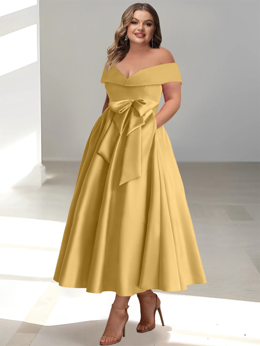 A-Line/Princess Off-the-Shoulder Sleeveless Ankle-Length Plus Size Mother of the Bride Dresses with Pockets