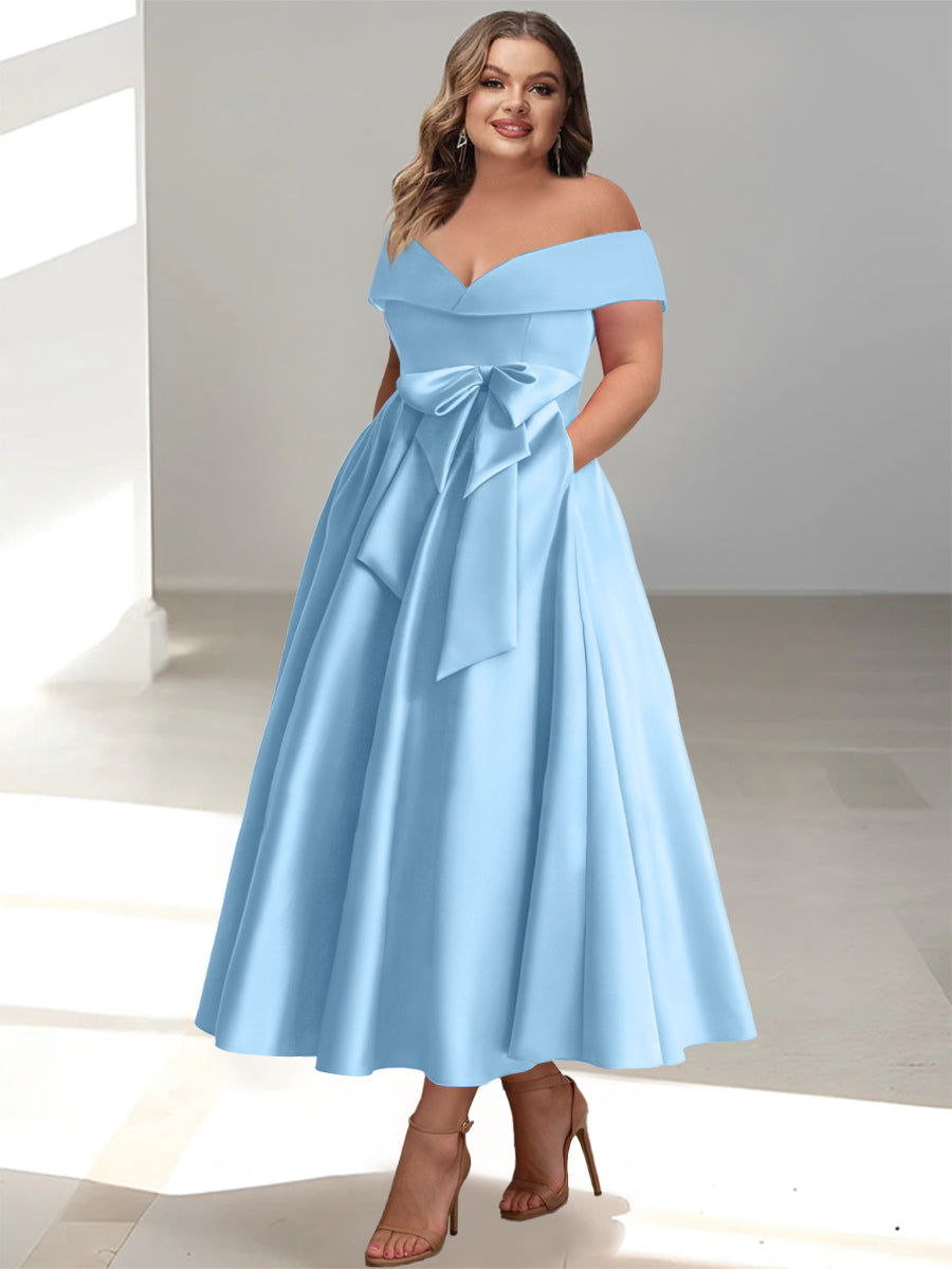 A-Line/Princess Off-the-Shoulder Sleeveless Ankle-Length Plus Size Mother of the Bride Dresses with Pockets