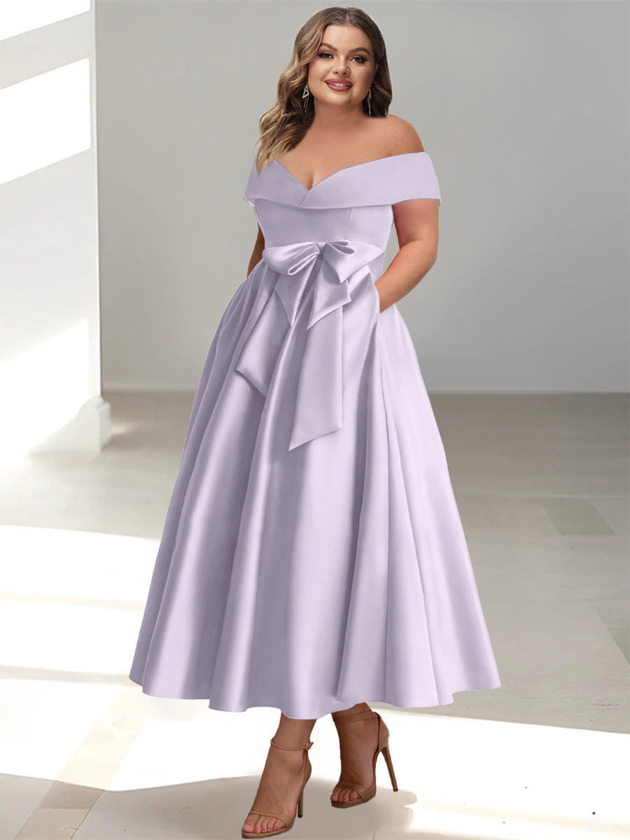 A-Line/Princess Off-the-Shoulder Sleeveless Ankle-Length Plus Size Mother of the Bride Dresses with Pockets