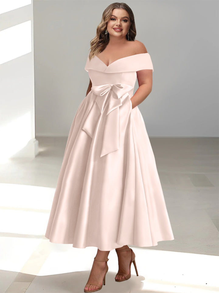 A-Line/Princess Off-the-Shoulder Sleeveless Ankle-Length Plus Size Mother of the Bride Dresses with Pockets