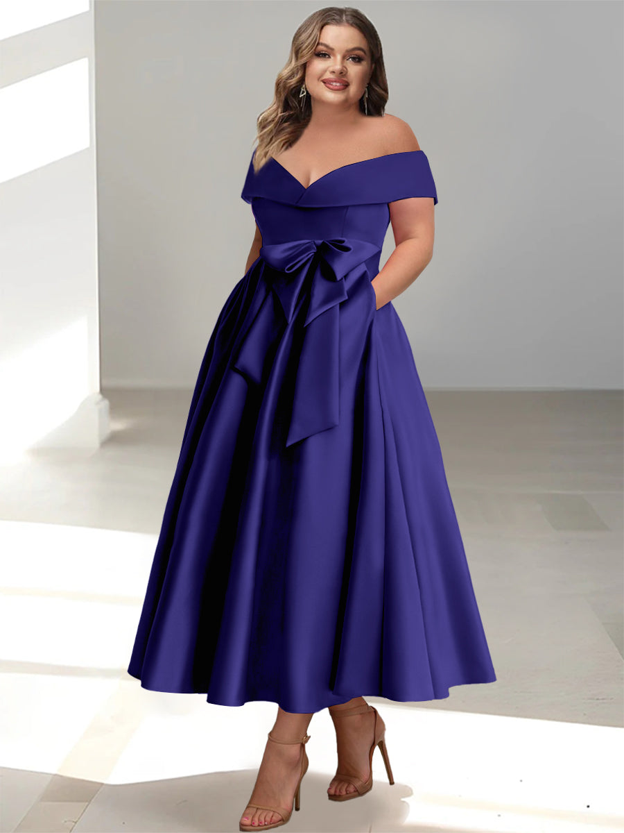 A-Line/Princess Off-the-Shoulder Sleeveless Ankle-Length Plus Size Mother of the Bride Dresses with Pockets