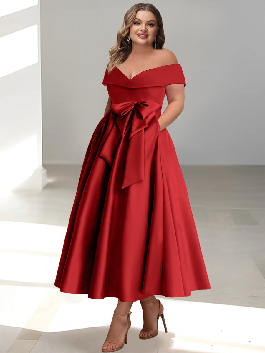 A-Line/Princess Off-the-Shoulder Sleeveless Ankle-Length Plus Size Mother of the Bride Dresses with Pockets