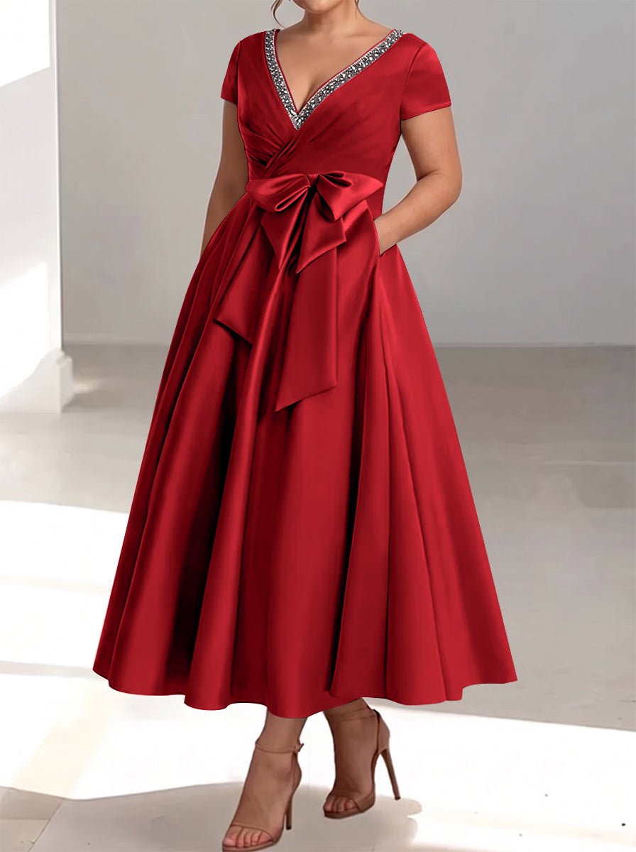 A-Line/Princess V-Neck Plus Size Mother of the Bride Dresses with Pockets & Ruffles