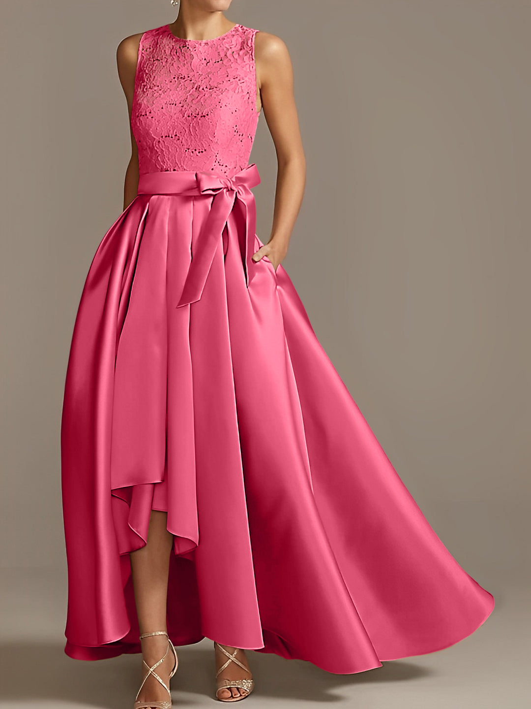 A-Line/Princess Jewel Neck Sleeveless Asymmetrical Mother Of The Bride Dresses With Pleats