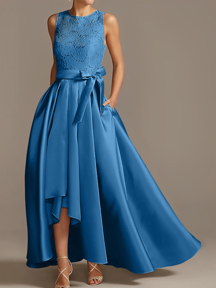 A-Line/Princess Jewel Neck Sleeveless Asymmetrical Mother Of The Bride Dresses With Pleats