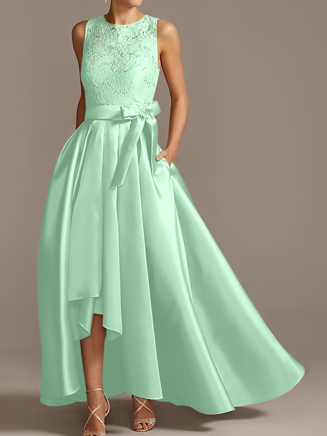 A-Line/Princess Jewel Neck Sleeveless Asymmetrical Mother Of The Bride Dresses With Pleats