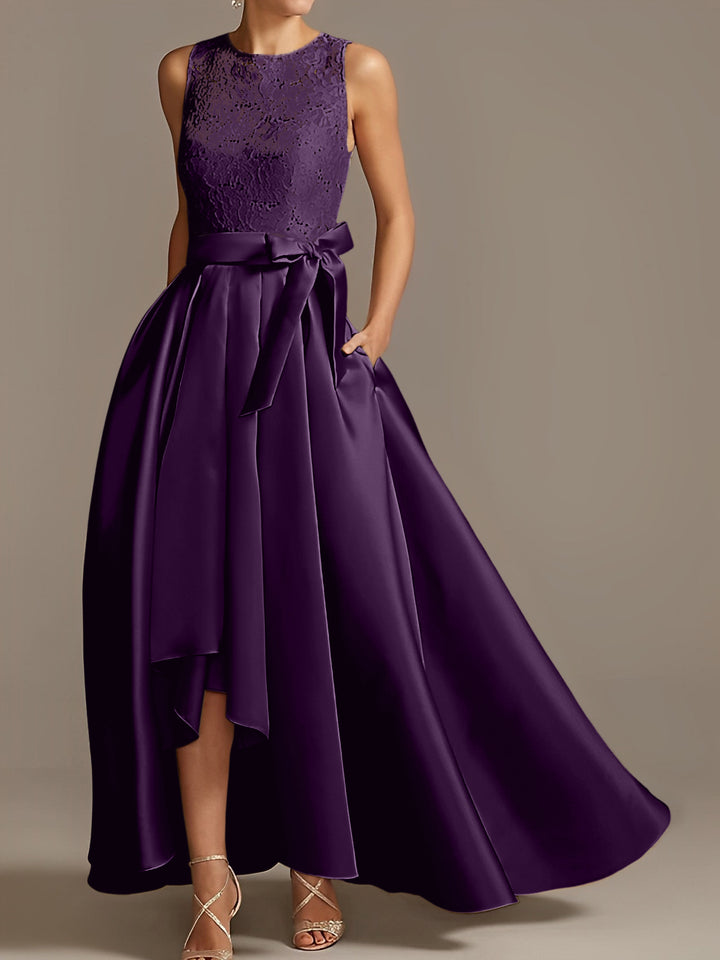 A-Line/Princess Jewel Neck Sleeveless Asymmetrical Mother Of The Bride Dresses With Pleats