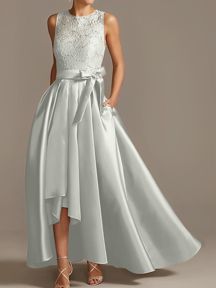 A-Line/Princess Jewel Neck Sleeveless Asymmetrical Mother Of The Bride Dresses With Pleats