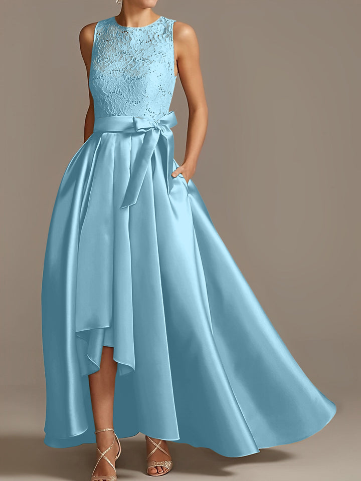 A-Line/Princess Jewel Neck Sleeveless Asymmetrical Mother Of The Bride Dresses With Pleats