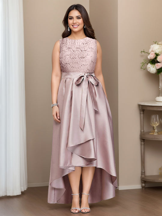A-Line/Princess Round Neck Short Sleeves Ankle-Length Plus Size Mother of the Bride Dress with Cascading Ruffles main image 1