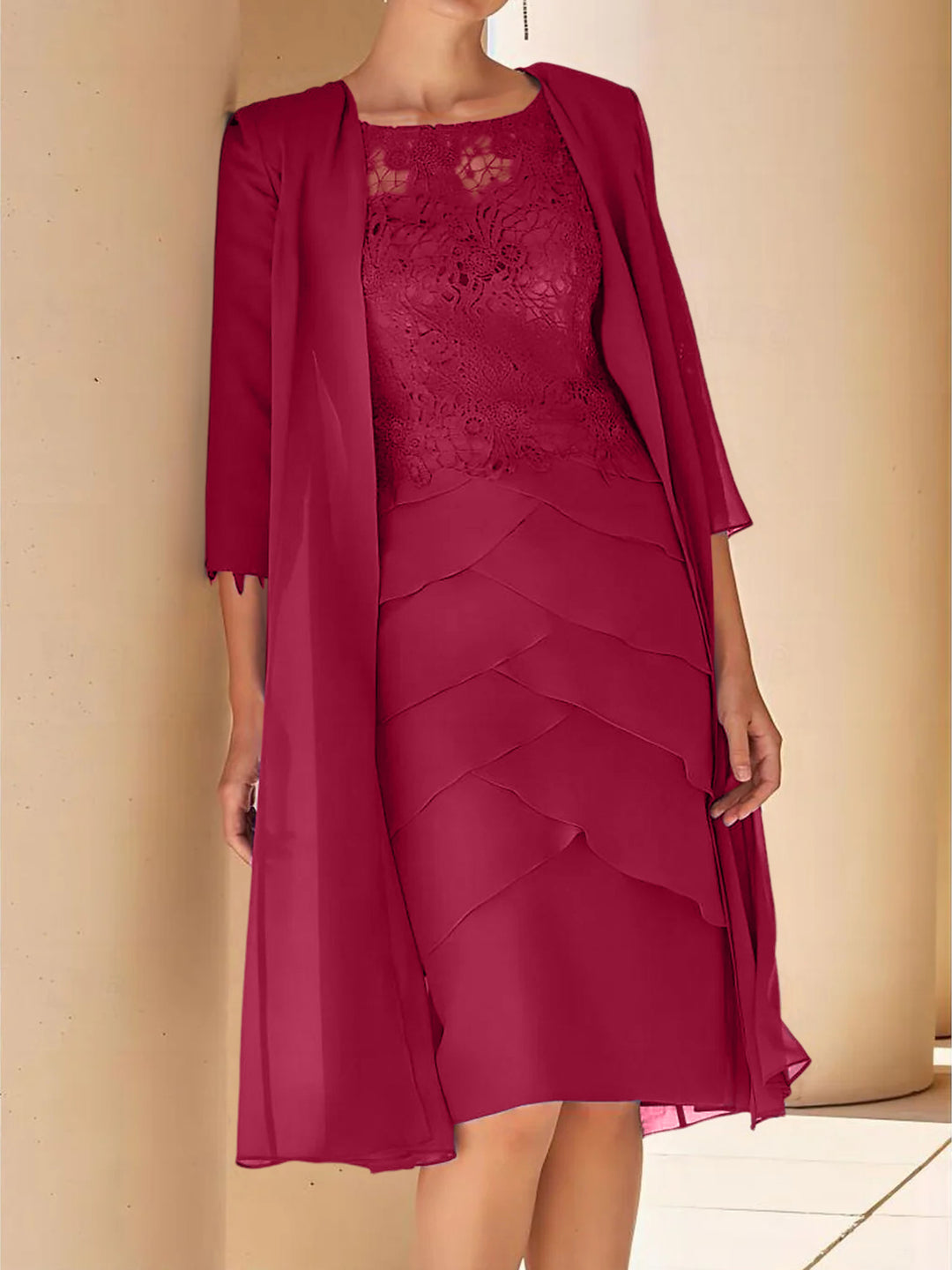 Sheath/Column Jewel Neck Short Sleeves Knee-Length Mother of the Bride Dresses with Lace Burgundy Sheath/Column Jewel Neck Short Sleeves Knee-Length Mother of the Bride Dresses with Lace Burgundy