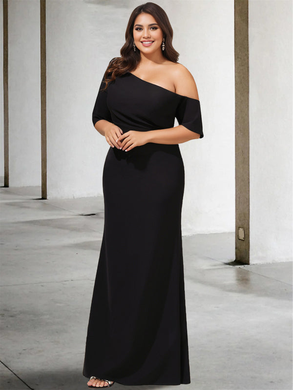 A-Line/Princess One-Shoulder 3/4 Length Sleeves Floor-Length Plus Size Mother of the Bride Dresses in Black