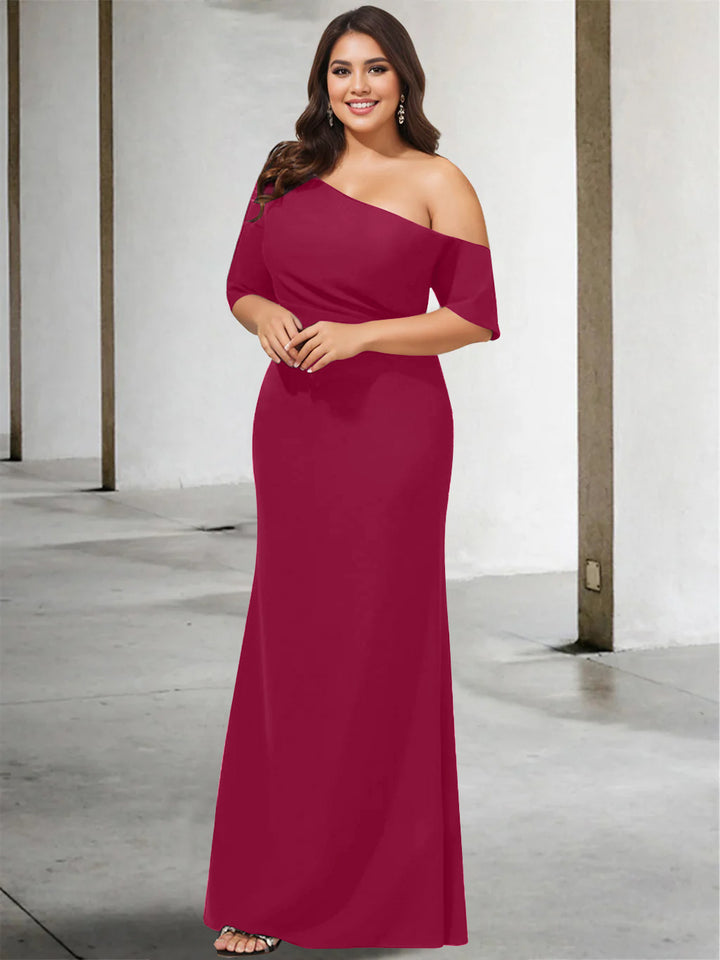 A-Line/Princess One-Shoulder 3/4 Length Sleeves Pure Color Plus Size Floor-Length Mother of the Bride Dresses