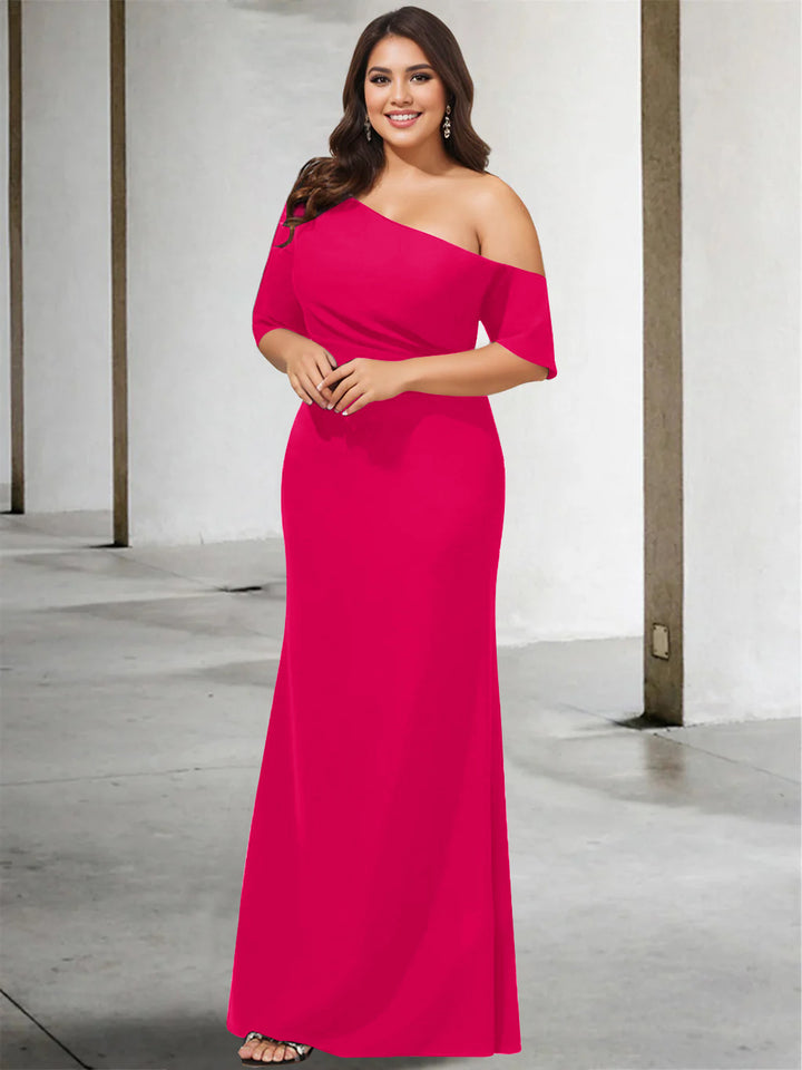 A-Line/Princess One-Shoulder 3/4 Length Sleeves Pure Color Plus Size Floor-Length Mother of the Bride Dresses