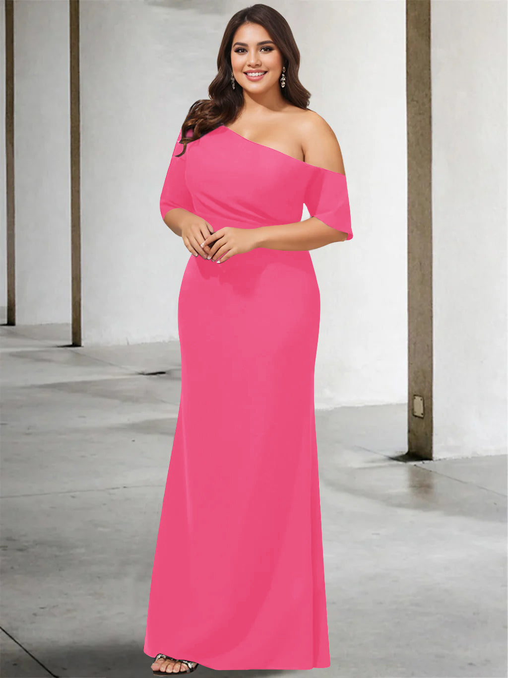 A-Line/Princess One-Shoulder 3/4 Length Sleeves Pure Color Plus Size Floor-Length Mother of the Bride Dresses