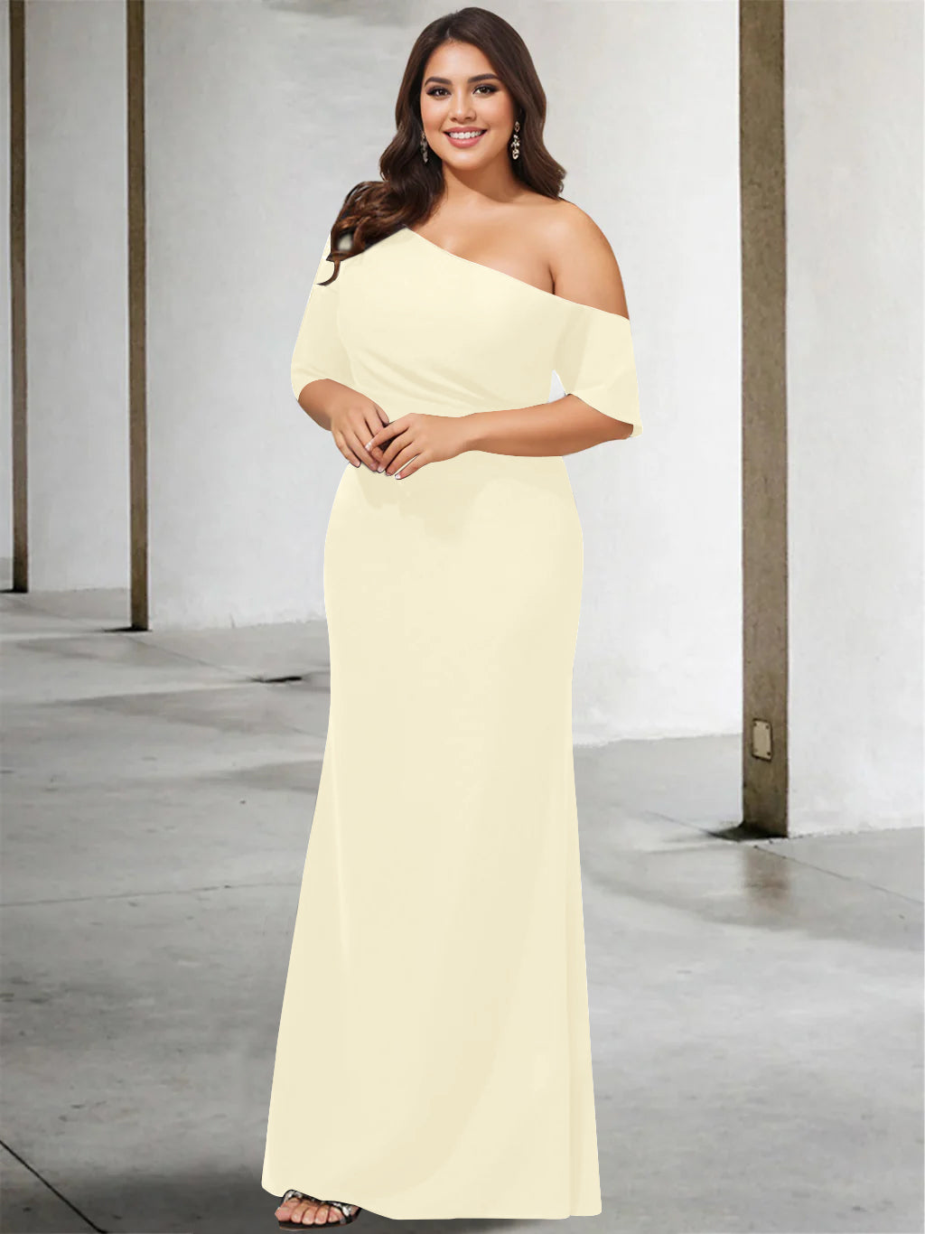 A-Line/Princess One-Shoulder 3/4 Length Sleeves Pure Color Plus Size Floor-Length Mother of the Bride Dresses