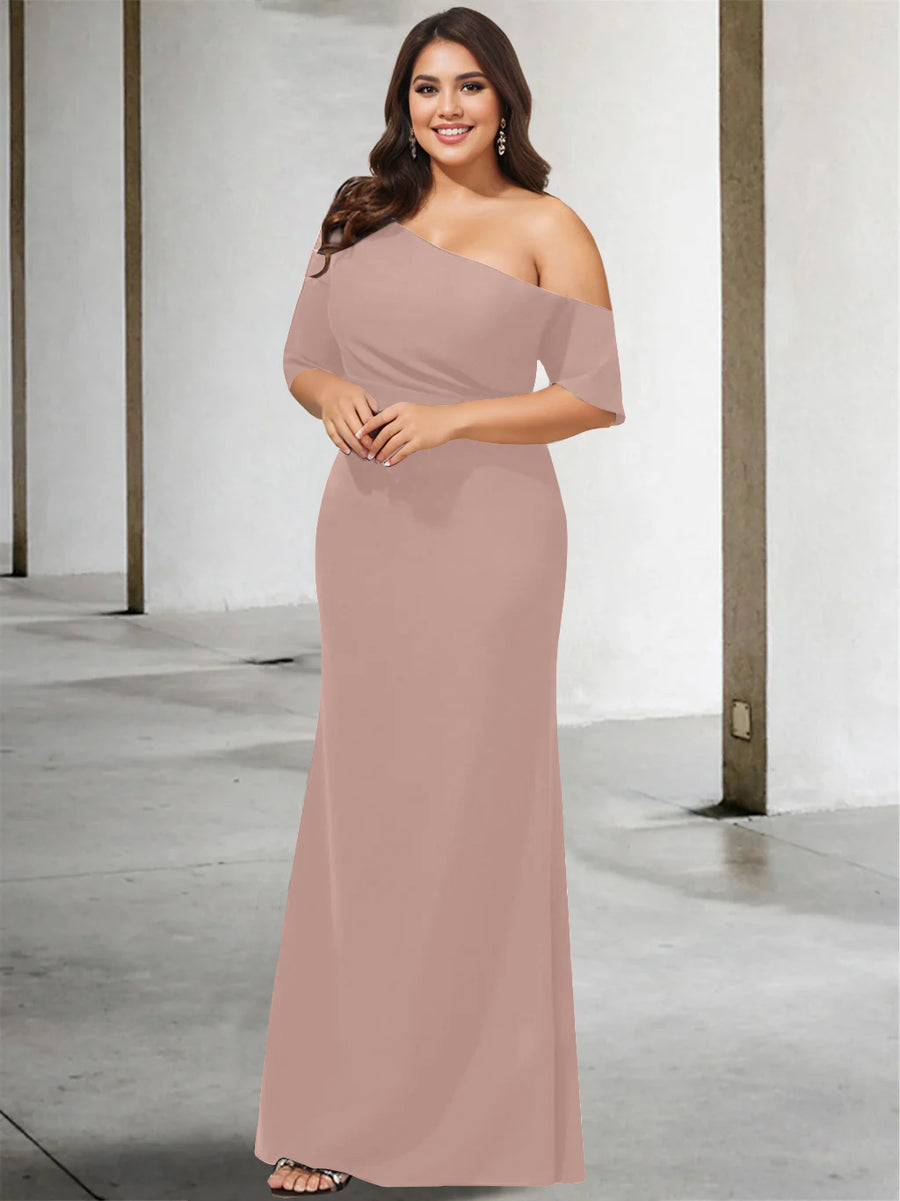 A-Line/Princess One-Shoulder 3/4 Length Sleeves Pure Color Plus Size Floor-Length Mother of the Bride Dresses