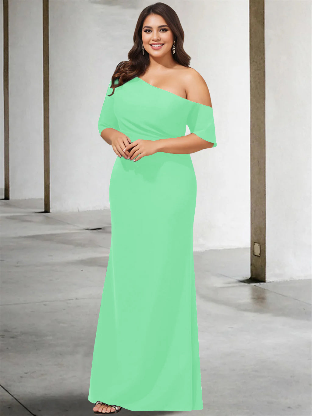 A-Line/Princess One-Shoulder 3/4 Length Sleeves Pure Color Plus Size Floor-Length Mother of the Bride Dresses