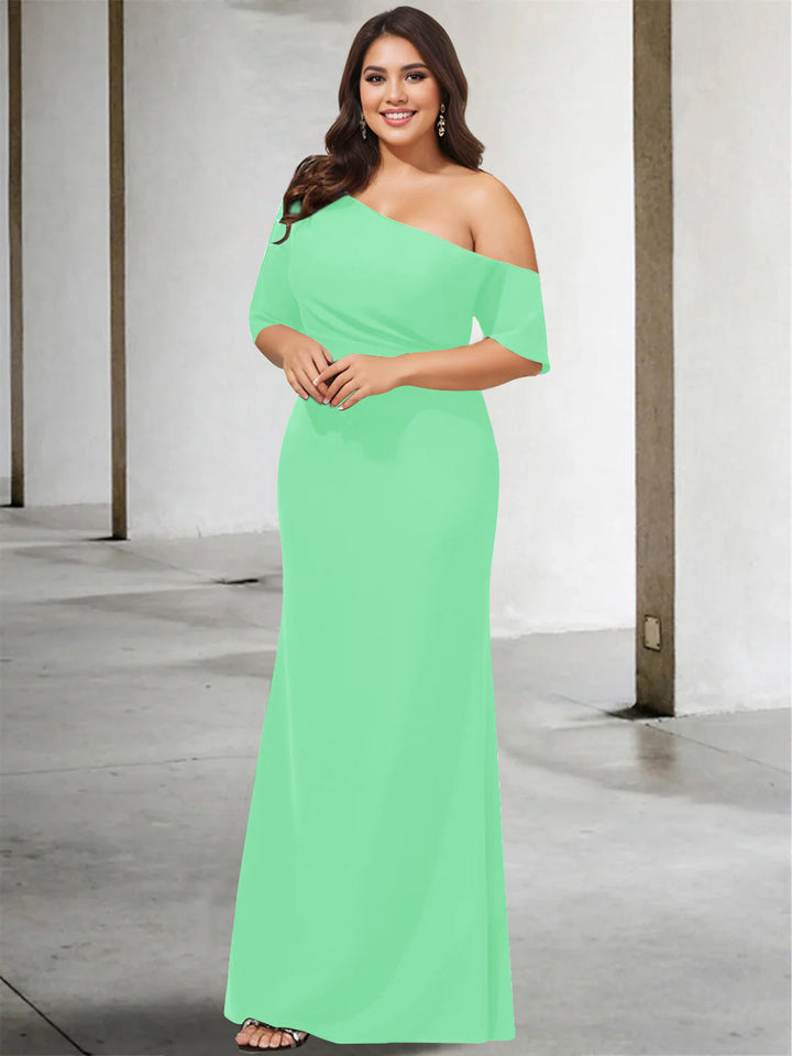 A-Line/Princess One-Shoulder 3/4 Length Sleeves Pure Color Plus Size Floor-Length Mother of the Bride Dresses