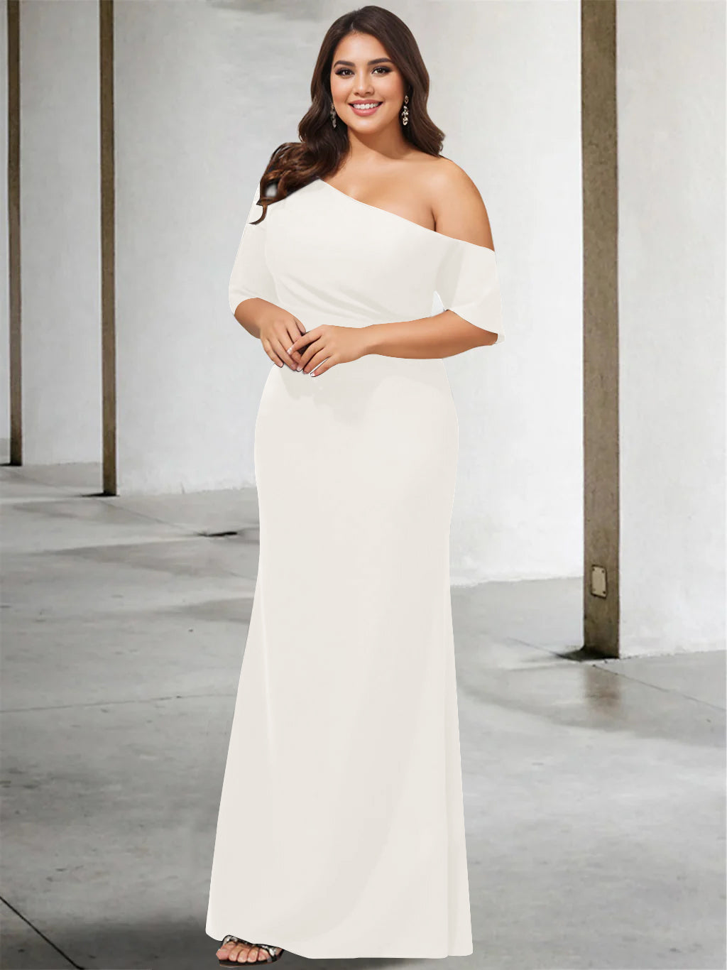 A-Line/Princess One-Shoulder 3/4 Length Sleeves Pure Color Plus Size Floor-Length Mother of the Bride Dresses