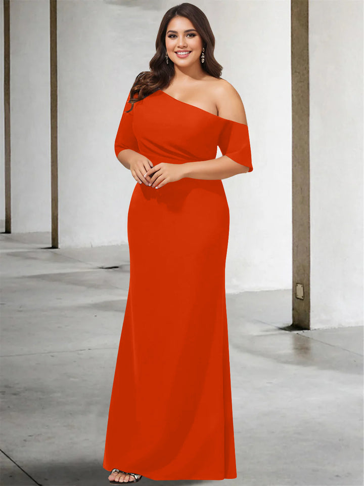 A-Line/Princess One-Shoulder 3/4 Length Sleeves Pure Color Plus Size Floor-Length Mother of the Bride Dresses