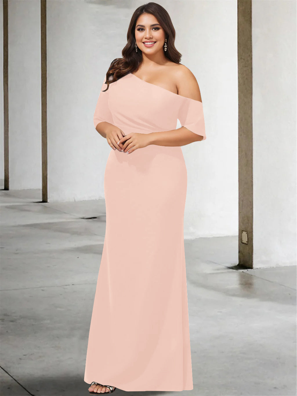 A-Line/Princess One-Shoulder 3/4 Length Sleeves Pure Color Plus Size Floor-Length Mother of the Bride Dresses